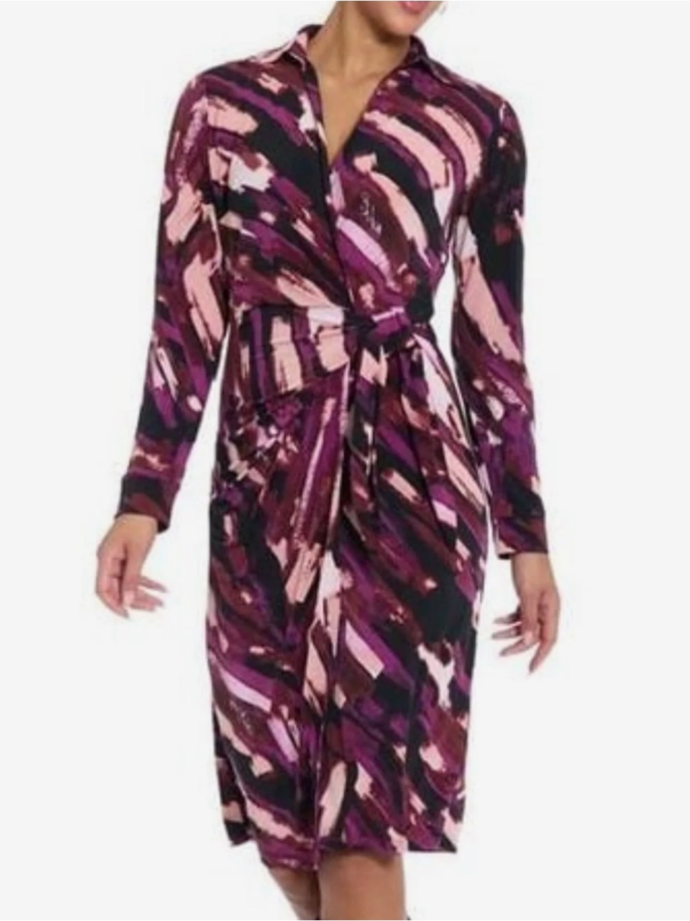 London Times Purple and Pink Abstract faux Wrap Midi Dress